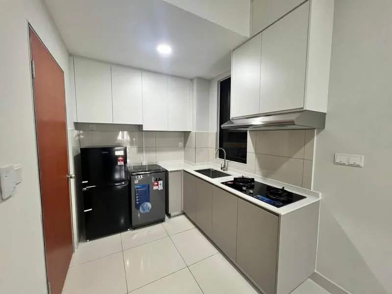Kitchen features: white cabinetry, black refrigerator, stainless-steel sink, chrome pull-down faucet, grey countertop, built-in oven, 4-burner gas hob, black kitchen appliances, white tiled backsplash, ceramic tile flooring, under-cabinet lighting; style: modern.