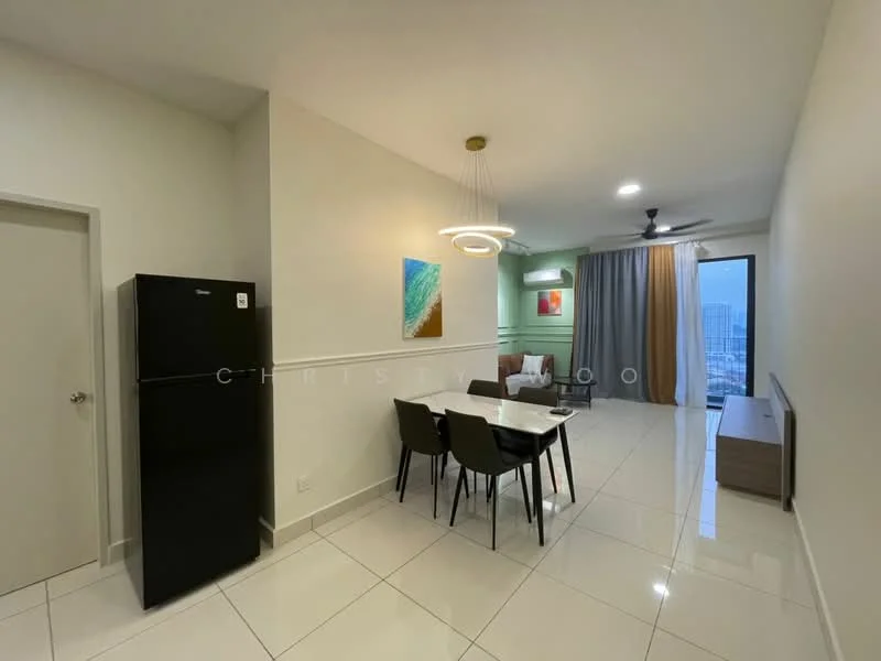 Living features: white painted walls, glossy white tile flooring, 5-blade ceiling fan with light, sofa in light color, coffee table, TV console, floor-to-ceiling windows, curtains, decorative wall art, dining table with 4 chairs, black refrigerator; style: modern; view: city.