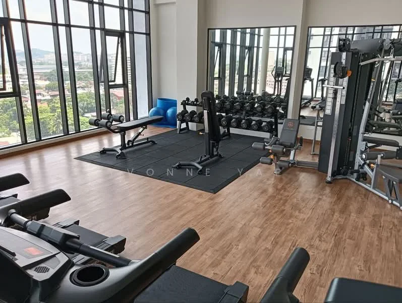Room features: large floor-to-ceiling windows, wooden flooring, black rubber flooring in workout area, weight bench, dumbbell rack with weights, multi-station gym equipment, exercise mats, mirrored wall, exercise bike, treadmill; style: modern; view: city.