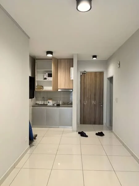 Room features: white painted walls, glossy ceramic tile flooring, recessed downlights, kitchen cabinetry in light grey, stainless-steel sink, built-in oven, microwave, sliding door, wooden door, open layout, two pairs of slippers on the floor; style: modern.