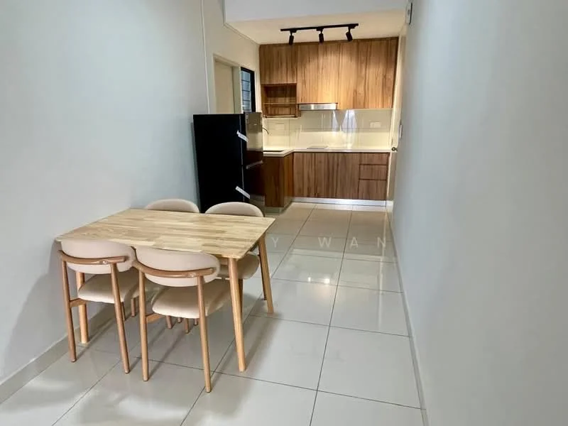 Kitchen features: wood cabinetry, white countertop, stainless-steel fridge, built-in oven, 4-burner gas hob, single-bowl stainless-steel sink, chrome pull-down faucet, tile flooring, recessed downlights, open layout, dining table with four chairs; style: modern.