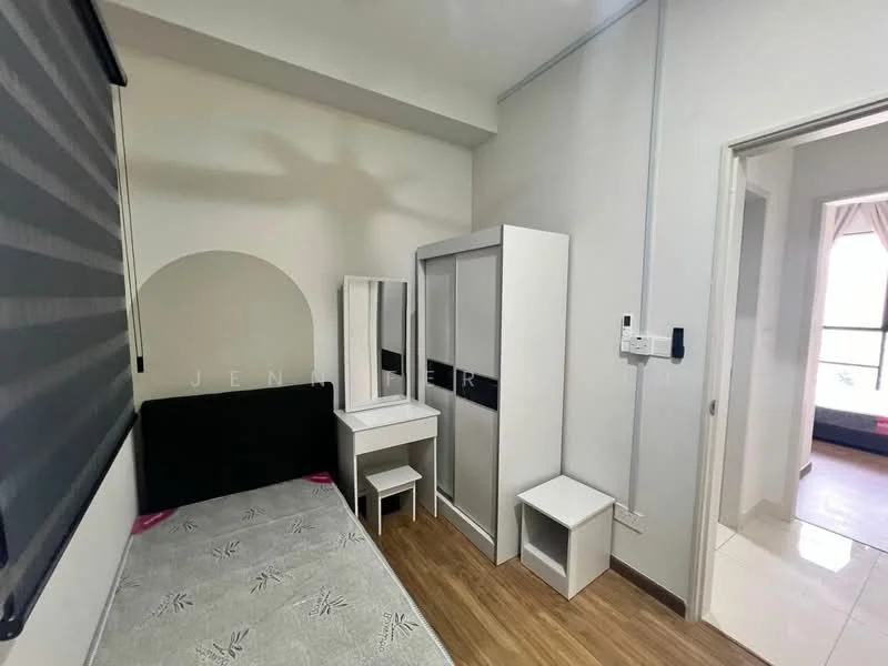 Bedroom features: single bed with black headboard, grey bedding, white bedside table, white dressing table with mirror, white wardrobe with sliding doors, wooden flooring, black roller blinds, wall-mounted electrical outlets; style: modern.