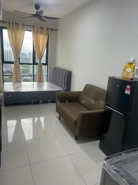 Living features: 3-seater fabric sofa in brown, queen-size bed with mattress, floor-to-ceiling windows, curtains in light yellow, white painted walls, glossy ceramic tile flooring, ceiling fan, refrigerator in black, decorative items on countertop; style: modern; view: city.