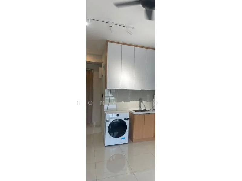 Laundry features: white front-load washing machine, light wood cabinetry, white countertop, grey backsplash, recessed downlights, ceiling fan, glossy tile flooring, neutral wall colour; style: modern.