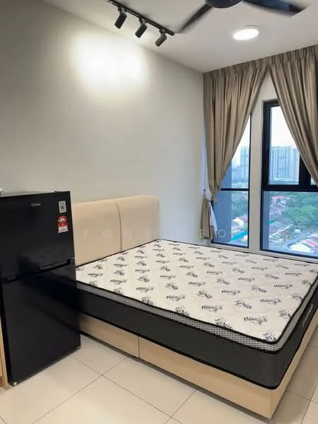 Bedroom features: queen-size bed, upholstered headboard, bedside lamps, floor-to-ceiling window, curtains, white painted walls, tile flooring, recessed downlights, ceiling fan, black fridge; style: modern; view: city.