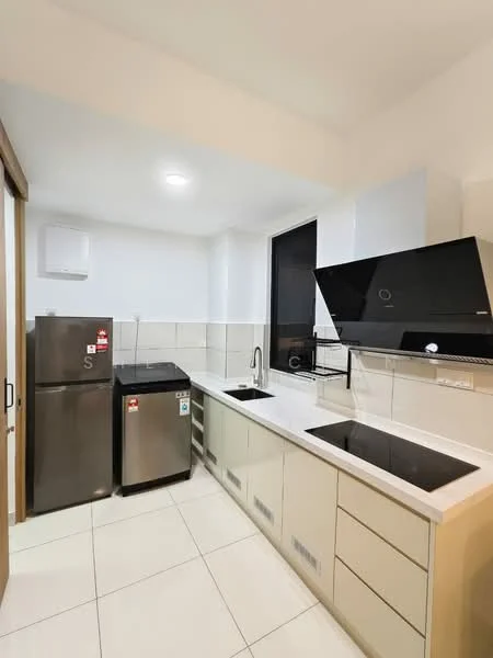 Kitchen features: white cabinetry, stainless-steel fridge, single-bowl stainless-steel sink, chrome pull-down faucet, black glass cooktop, white countertop, tile backsplash, white tiled flooring, wall-mounted range hood, window with black frame, built-in cabinets, under-cabinet lighting; style: modern.