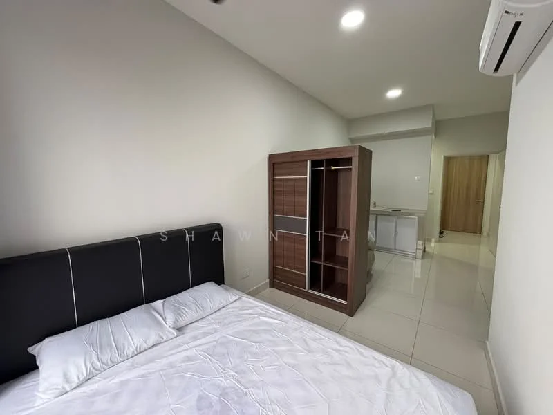 Bedroom features: queen-size bed, upholstered headboard, built-in wardrobe with sliding doors, white bedding, tile flooring, wall-mounted air conditioning unit, recessed downlights, neutral painted walls; style: modern.