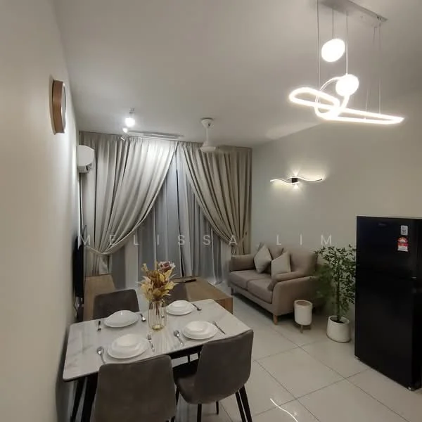 Living features: 3-seater fabric sofa in light grey, marble dining table with 4 upholstered chairs, refrigerator, wall-mounted light fixture, ceiling light fixture, floor-to-ceiling windows with sheer curtains, white painted walls, glossy tile flooring, wall-mounted split AC; style: modern.