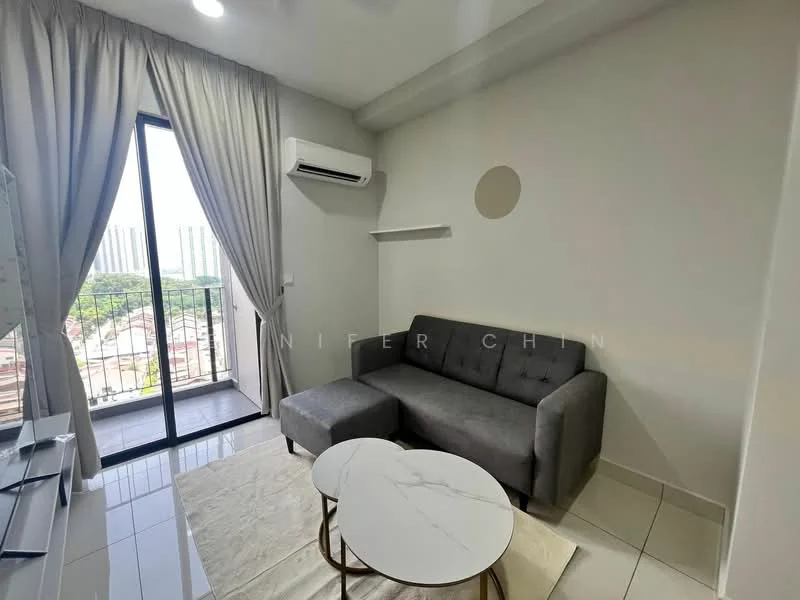 Living features: grey fabric sofa, round coffee table with marble top, floor-to-ceiling window, curtains, wall-mounted air conditioning unit, light-colored walls, glossy tile flooring, shelf mounted on wall; style: modern; view: city.