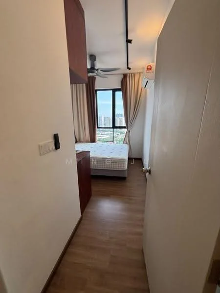 Room features: wooden flooring, white painted walls, ceiling fan, floor-to-ceiling window, curtains, built-in wardrobe, air conditioning unit, bed with mattress; style: modern; view: city.