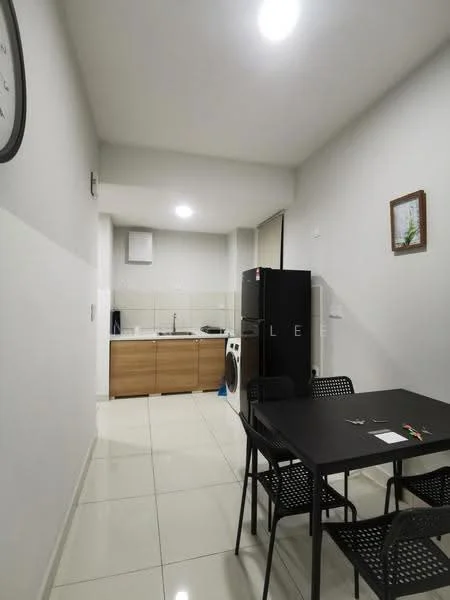 Kitchen features: white painted walls, glossy tile flooring, recessed downlights, kitchen cabinets in light wood, stainless-steel fridge, built-in oven, washing machine, black dining table with four chairs, clock on wall, small framed artwork; style: modern.