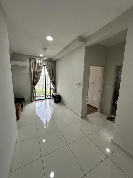 Room features: white painted walls, glossy white tile flooring, recessed downlights, floor-to-ceiling windows, sheer curtains, wall-mounted split AC, balcony door, light-colored sofa, small side table; style: modern; view: garden.