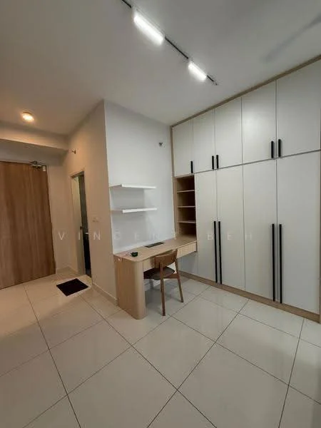 Room features: white painted walls, tile flooring, built-in wardrobe with black handles, wooden study desk, wooden chair, shelf unit on wall, door leading to another room, recessed ceiling lights; style: modern.