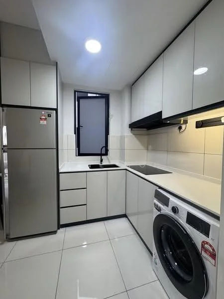 Kitchen features: white glossy cabinetry, black countertop, single-bowl stainless-steel sink, chrome pull-down faucet, built-in oven, stainless-steel fridge, front-load washing machine, ceramic tile flooring, recessed LED downlights, window with black frame, wall-mounted cabinets, open shelving; style: modern.