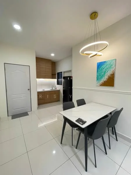 Dining features: white dining table, 4 black upholstered dining chairs, pendant light fixture, white walls, glossy tile flooring, framed artwork with ocean theme, open layout to kitchen, recessed lighting; style: modern. Kitchen features: brown cabinetry, white countertop, built-in oven, refrigerator, stainless-steel sink, chrome faucet, under-cabinet lighting; style: modern.