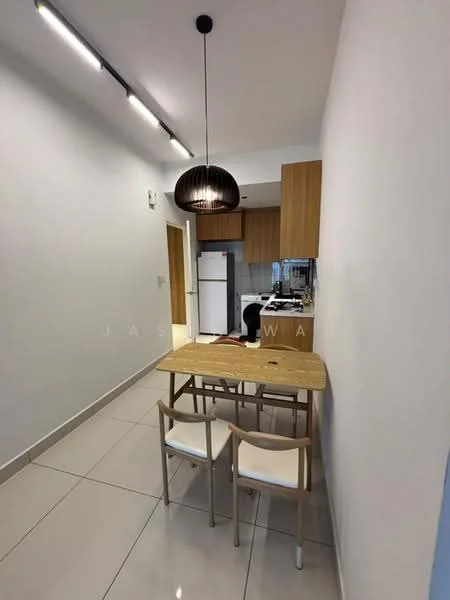 Dining features: dining table with wooden top, 2 wooden dining chairs with white cushions, pendant light fixture, white walls, grey tiled flooring, open kitchen visible in background, refrigerator, kitchen cabinets, stainless-steel sink, stove, kitchen countertop; style: modern.