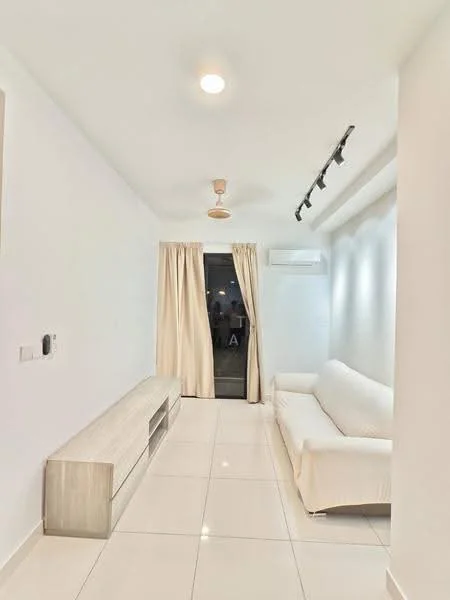 Living features: white painted walls, white ceiling, recessed downlights, 5-blade ceiling fan, sliding glass door, cream curtains, white sofa, light wood TV console, glossy tile flooring, wall-mounted air conditioning unit; style: modern.