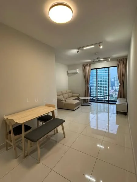 Living features: 3-seater fabric sofa in beige, coffee table, dining table with 2 chairs, floor-to-ceiling windows, curtains, wall-mounted split AC, recessed downlights, polished tile flooring, neutral painted walls, ceiling light fixture; style: modern; view: city.