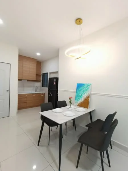 Dining features: white dining table, 4 black dining chairs, pendant light fixture, cream painted walls, glossy tile flooring, wood cabinetry, black refrigerator, kitchen area visible in background, decorative artwork with beach scene; style: modern.
