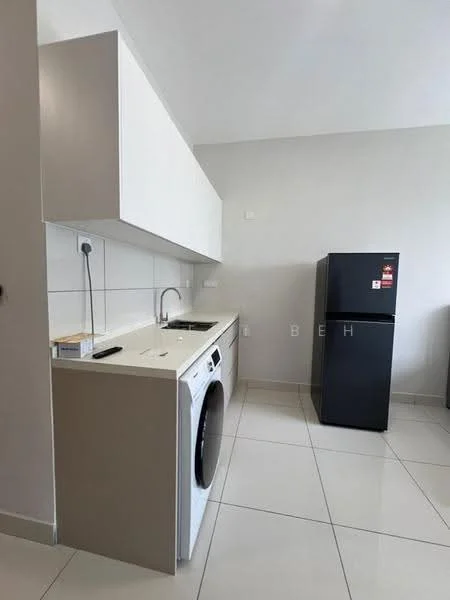 Kitchen features: white cabinetry, grey countertop, single-bowl stainless-steel sink, chrome pull-down faucet, built-in washing machine, black fridge, white tiled flooring, wall-mounted cabinets, recessed lighting; style: modern.