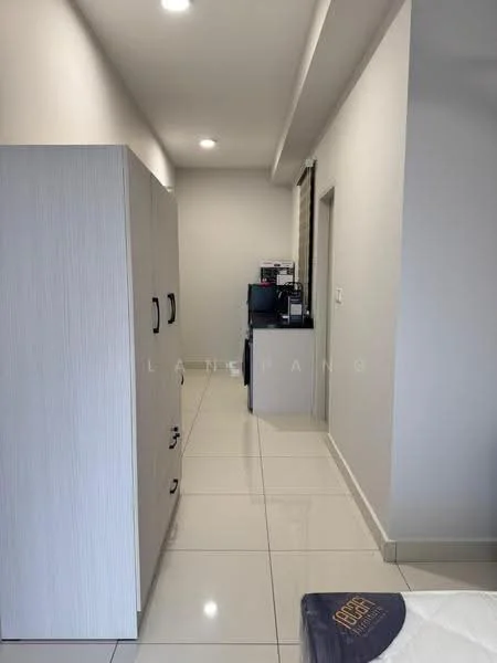 Room features: white painted walls, glossy tile flooring, recessed downlights, built-in cabinets, open shelving, neutral color scheme, doorway leading to another room, visible appliances in background; style: modern.