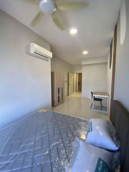 Bedroom features: queen-size bed, upholstered headboard, 2 white pillows, 1 wall-mounted split AC, light grey painted walls, recessed downlights, floor-to-ceiling wardrobe, tile flooring, study desk with chair, open doorway leading to hallway; style: modern.