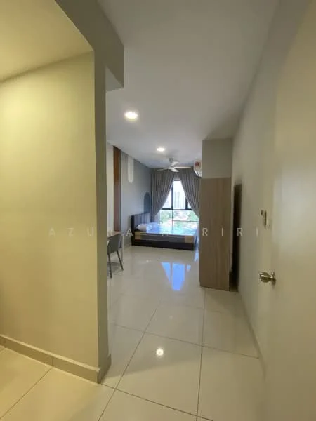 Room features: white painted walls, glossy ceramic tile flooring, ceiling with recessed lighting, 5-blade ceiling fan, large window with sheer curtains, corner desk, single bed, wooden wardrobe, natural light from window; style: modern; view: garden.