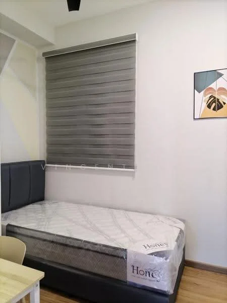 Bedroom features: single bed with mattress, grey upholstered headboard, wooden flooring, roller blinds, decorative wall art, light-colored painted walls, small dining table, chair; style: modern.