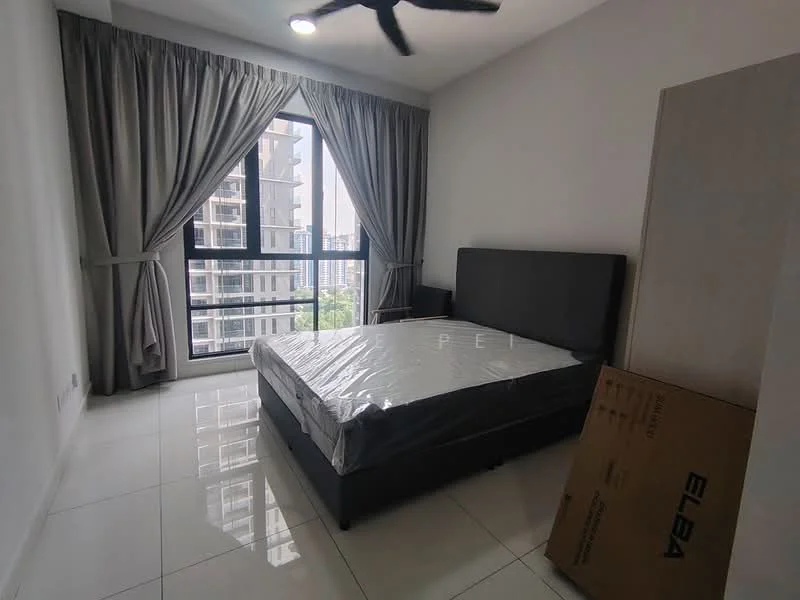 Bedroom features: king-size bed, upholstered headboard, floor-to-ceiling windows, grey curtains, white painted walls, glossy tile flooring, ceiling fan, built-in wardrobe, decorative wall panel, box with branding visible; style: modern; view: city.