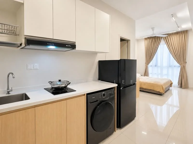 Kitchen features: white cabinetry, stainless-steel sink, chrome pull-down faucet, black refrigerator, black washing machine, white quartz countertop, built-in stove, open shelving, recessed downlights, tile flooring, cream painted walls, floor-to-ceiling windows with sheer curtains; style: modern. Room features: bed with beige bedding, floor-to-ceiling windows with sheer curtains, cream painted walls.