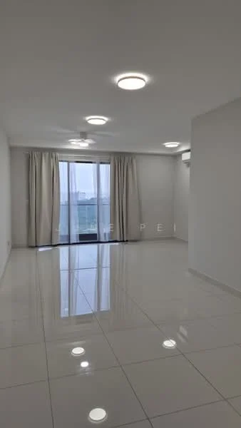 Living features: white painted walls, glossy ceramic tile flooring, recessed LED downlights, 2 ceiling fans, floor-to-ceiling windows, sheer curtains, sliding glass door, open layout; style: modern; view: city.