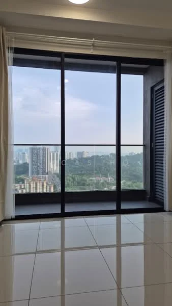 Room features: floor-to-ceiling windows, sliding glass door, white sheer curtains, glossy tile flooring, city skyline view, greenery view, balcony railing, neutral wall color; style: modern; view: city.