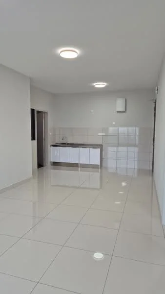 Kitchen features: white cabinetry, stainless-steel sink, chrome pull-down faucet, white tiled backsplash, ceramic tile flooring, recessed LED downlights, open layout, wall-mounted range hood; style: modern.
