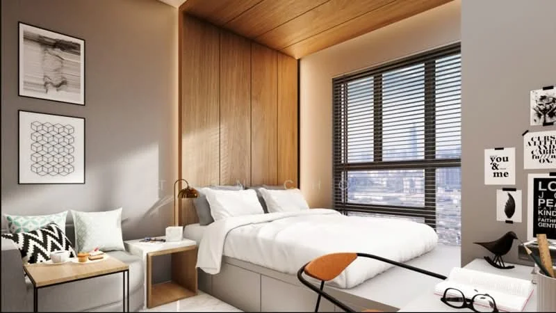 Bedroom features: king-size bed with white bedding, wood panel accent wall, grey painted walls, floor-to-ceiling windows with horizontal blinds, side table with lamp, upholstered chair, decorative cushions, framed artwork on walls, study desk with chair, light-colored flooring; style: modern; view: city.
