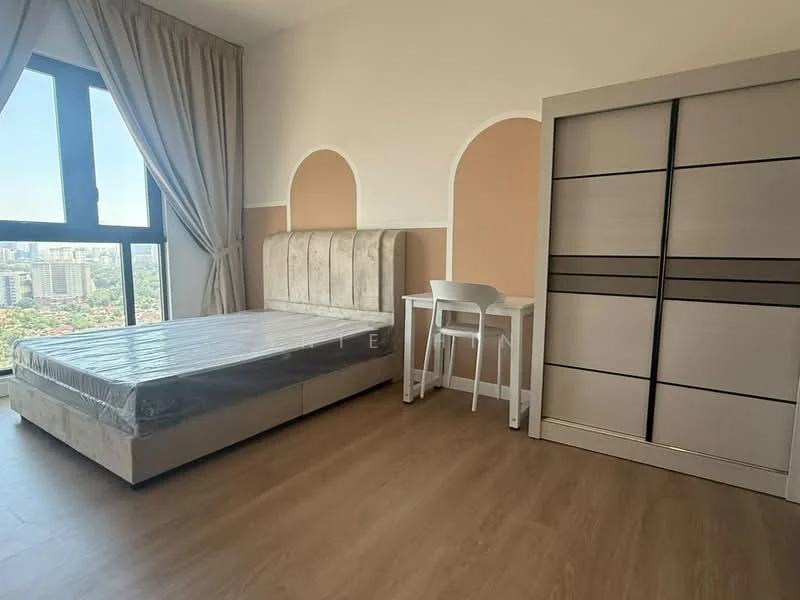 Bedroom features: king-size bed with upholstered headboard, floor-to-ceiling window, curtains, light wood flooring, study desk, chair, built-in wardrobe with sliding doors, accent wall in beige; style: modern; view: city.