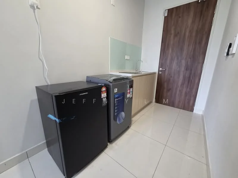 Laundry features: black fridge, front-load washing machine, light wood cabinetry, white countertop, grey backsplash, white walls, glossy tile flooring, single door, wall-mounted electrical outlet; style: modern.
