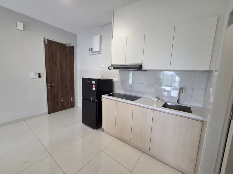 Kitchen features: white cabinets, light wood cabinetry, stainless-steel sink, chrome pull-down faucet, black fridge, built-in oven, ceramic tile flooring, white tiled backsplash, countertop with overhang, wall-mounted range hood; style: modern.