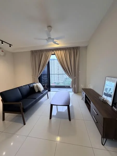 Living features: 3-seater fabric sofa in black, wooden coffee table, TV console, floor-to-ceiling windows, curtains in beige, white painted walls, polished ceramic tile flooring, 1 wall-mounted split AC, ceiling fan with light; style: modern; view: garden.