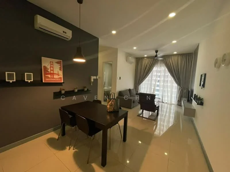 Living features: cream painted walls, grey accent wall, polished tile flooring, 5-blade ceiling fan with light, wall-mounted split AC, sofa in grey fabric, coffee table, dining table with 4 chairs, floor-to-ceiling windows with sheer curtains, decorative wall art, LED wall sconce; style: modern; view: city.