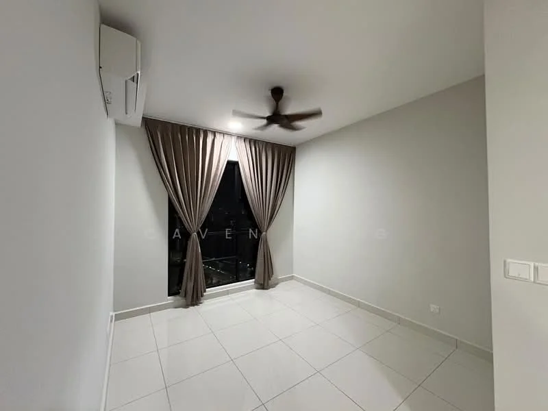 Room features: white painted walls, grey tiled flooring, 5-blade ceiling fan, floor-to-ceiling windows, dark brown curtains, air conditioning unit, no visible furniture; style: modern; view: city.