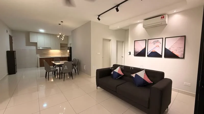 Living features: grey fabric sofa, 2 decorative cushions, white walls, recessed downlights, ceiling fan, large floor tiles, open layout, wall-mounted air conditioning unit, framed artwork on walls; style: modern. Dining features: 4-seater dining table, grey dining chairs, wooden cabinetry in background, kitchen island, pendant lighting above dining area; style: modern.