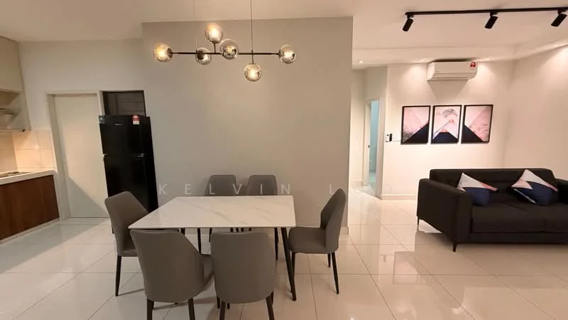 Dining features: 6-seater dining table with marble top, upholstered dining chairs in grey, pendant light fixture, white painted walls, glossy tile flooring, air conditioning unit on wall, decorative wall art, open layout to living area; style: modern. Living features: 3-seater fabric sofa in dark grey, decorative cushions in blue and white, coffee table, wall-mounted TV, white painted walls, glossy tile flooring, recessed lighting, air conditioning unit on wall; style: modern. Kitchen features: kitchen cabinets in wood finish, stainless-steel fridge, built-in oven, ceramic tile backsplash, single-bowl stainless-steel sink, chrome pull-down faucet, open layout to dining area; style: modern.