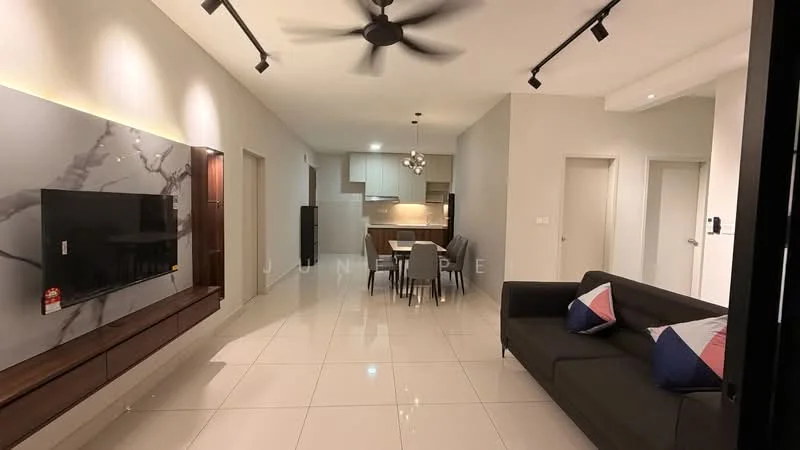 Living features: 3-seater fabric sofa in black, coffee table, wall-mounted TV, TV console with wood finish, ceiling fan with light, recessed LED downlights, white painted walls, glossy white tile flooring, decorative cushions with blue and pink accents, open-plan layout connecting to dining and kitchen area; style: modern. Dining features: 4-seater dining table, upholstered dining chairs, pendant light above dining table, kitchen area visible in background, white cabinetry, light-colored countertop; style: modern. Kitchen features: L-shaped kitchen layout, white cabinetry, light-colored countertop, built-in oven, stainless-steel sink, stainless-steel range hood, ceramic tile backsplash, recessed LED downlights; style: modern.