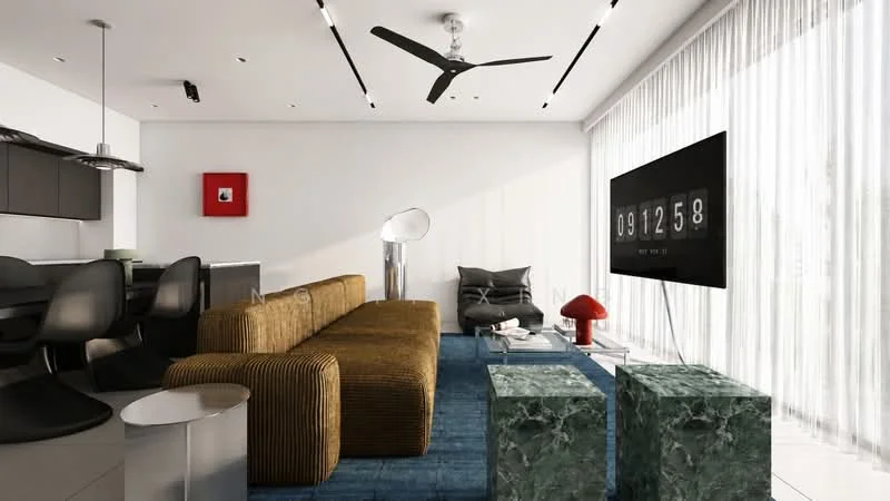 Living features: 3-seater fabric sofa in brown, area rug in blue, floor-to-ceiling windows with sheer curtains, wall-mounted TV, TV console, 2 marble side tables in green, ceiling fan with light, decorative floor lamp, framed artwork on wall, dining area visible in background with black chairs and table; style: modern.