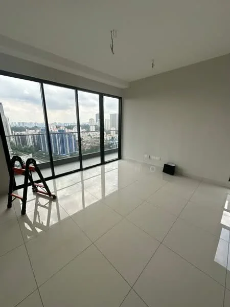 Room features: large floor-to-ceiling windows, city skyline view, white painted walls, glossy white tile flooring, recessed ceiling lights, unfinished space with ladder, minimalist design, neutral color palette; style: modern; view: city.