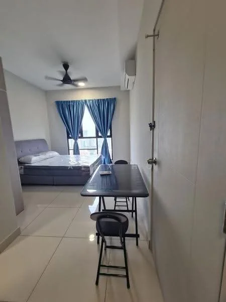 Bedroom features: queen-size bed, upholstered headboard, 2 bedside lamps, ceiling fan with light, floor-to-ceiling window, blue curtains, white painted walls, glossy tile flooring, study desk, 2 black chairs, wall-mounted air conditioning unit; style: modern; view: city.