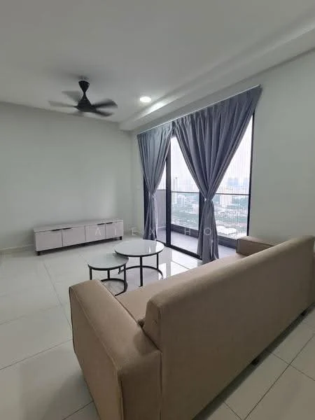 Living features: beige fabric sofa, round glass coffee table, white TV console, floor-to-ceiling windows, grey curtains, 5-blade ceiling fan with light, white painted walls, tile flooring, city view; style: modern; view: city.