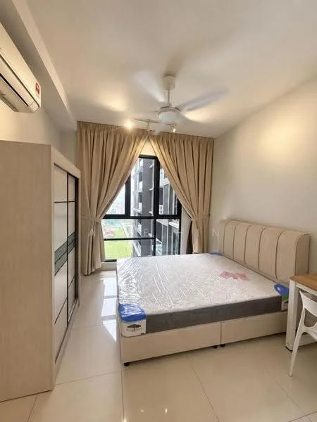 Bedroom features: king-size bed, upholstered headboard, bedside table, built-in wardrobe with sliding doors, floor-to-ceiling windows, curtains, ceiling fan, wall-mounted split AC, tile flooring, neutral wall color; style: modern; view: garden.
