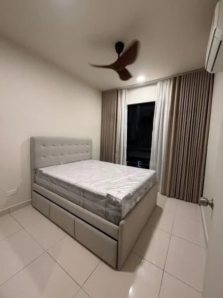 Bedroom features: queen-size bed with upholstered headboard, white bedding, ceiling fan with 3 blades, floor-to-ceiling window, sheer curtains, blackout curtains, light-colored painted walls, glossy tile flooring, built-in wardrobe, air conditioning unit; style: modern.