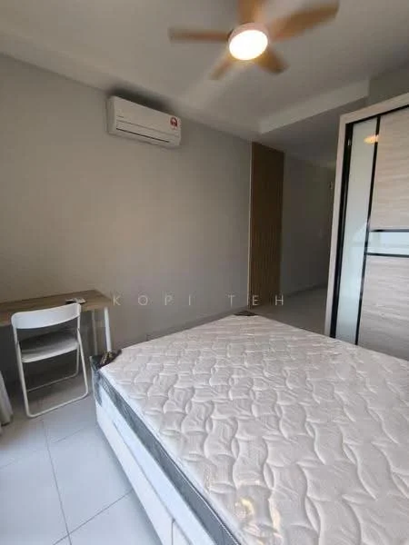 Bedroom features: queen-size bed, white mattress, white bed frame, light grey painted walls, white tiled flooring, 1 wall-mounted split AC, 5-blade ceiling fan, study desk with white chair, built-in wardrobe with sliding doors, natural light from window; style: modern.